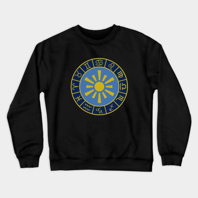 Astrological Zodiac Symbols Wheel+Sun Gold+Blues Crewneck Sweatshirt by NataliePaskell